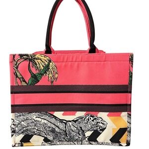 Pink Tiger Palm Tree Canvas Tote Bag Zip Top Graphic Print Handbag